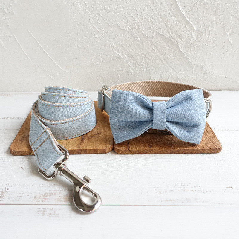 Light Blue Denim 3-Piece Set (Bow Tie, Collar & Leash) for Dogs