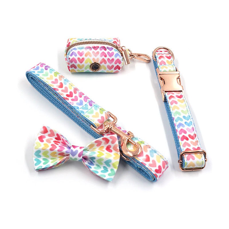 Colorful Hearts 5-Piece Set (Bow Tie, Collar, Harness, Leash & Bag Holder)