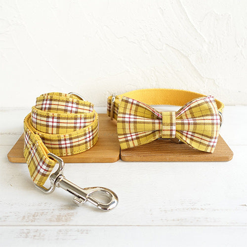 Yellow Plaid Bow Tie, Collar & Leash Set