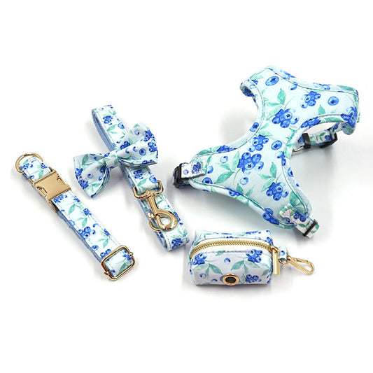 Blueberry Print 5-Piece Set (Bow Tie, Collar, Harness, Leash & Bag Holder)