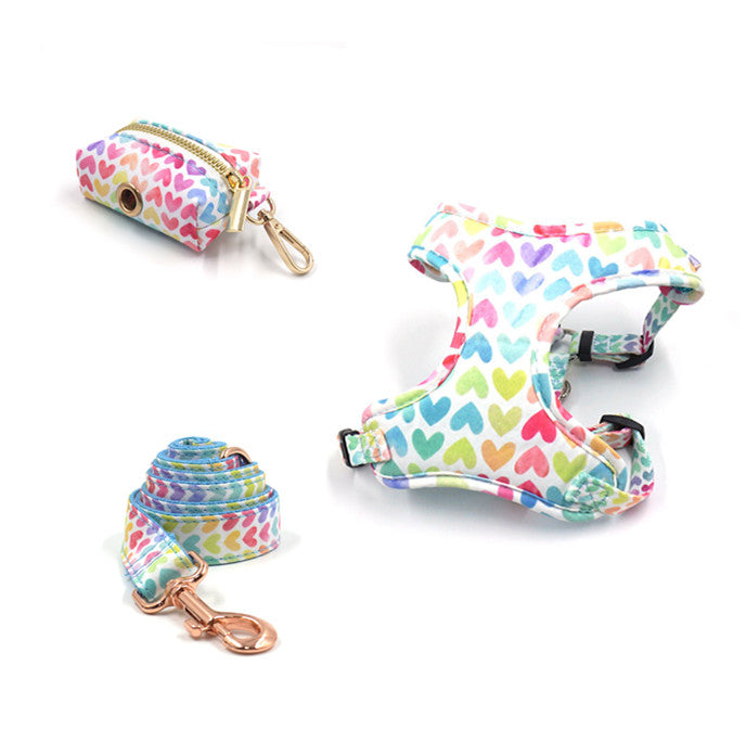 Colorful Hearts 5-Piece Set (Bow Tie, Collar, Harness, Leash & Bag Holder)