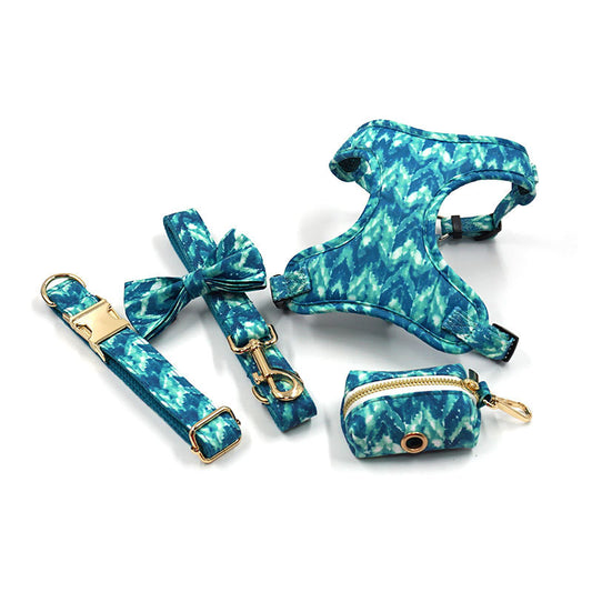 Beautiful Blue 5-Piece Set (Bow Tie, Collar, Harness, Leash & Bag Holder)