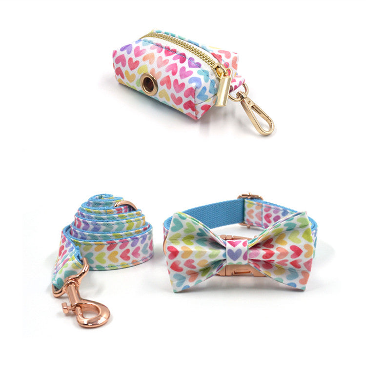 Colorful Hearts 5-Piece Set (Bow Tie, Collar, Harness, Leash & Bag Holder)