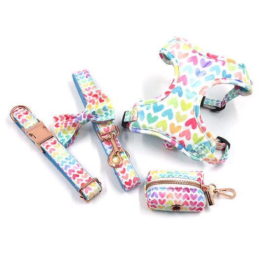 Colorful Hearts 5-Piece Set (Bow Tie, Collar, Harness, Leash & Bag Holder)