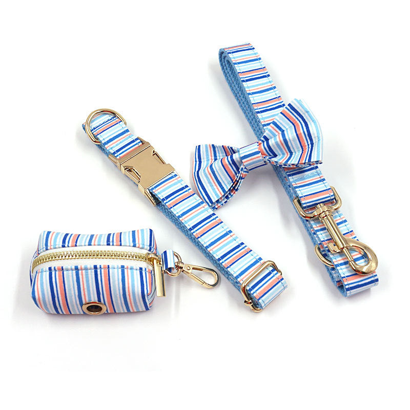 Striped 5-Piece Set (Bow Tie, Collar, Harness, Leash & Bag Holder)