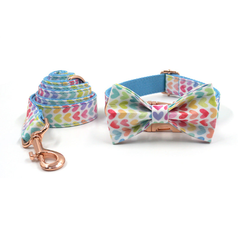 Colorful Hearts 5-Piece Set (Bow Tie, Collar, Harness, Leash & Bag Holder)