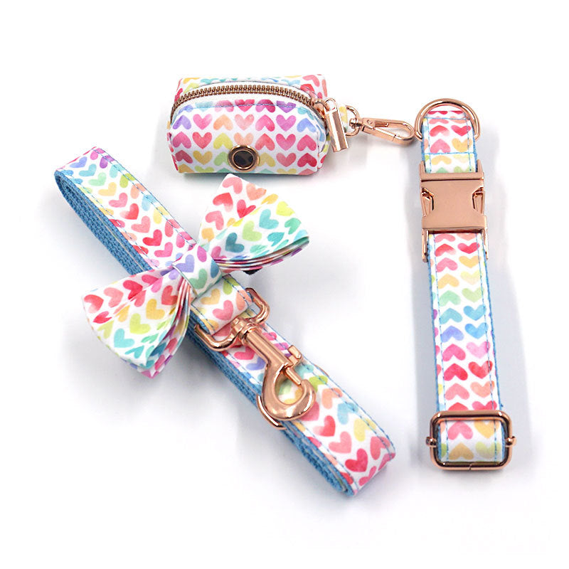 Colorful Hearts 5-Piece Set (Bow Tie, Collar, Harness, Leash & Bag Holder)