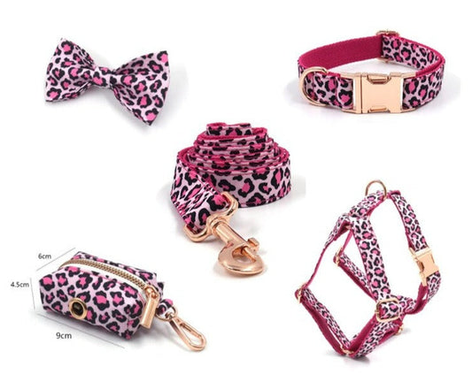 Pink Leopard 5-Piece Set (Bow Tie, Collar, Harness, Leash & Bag Holder)